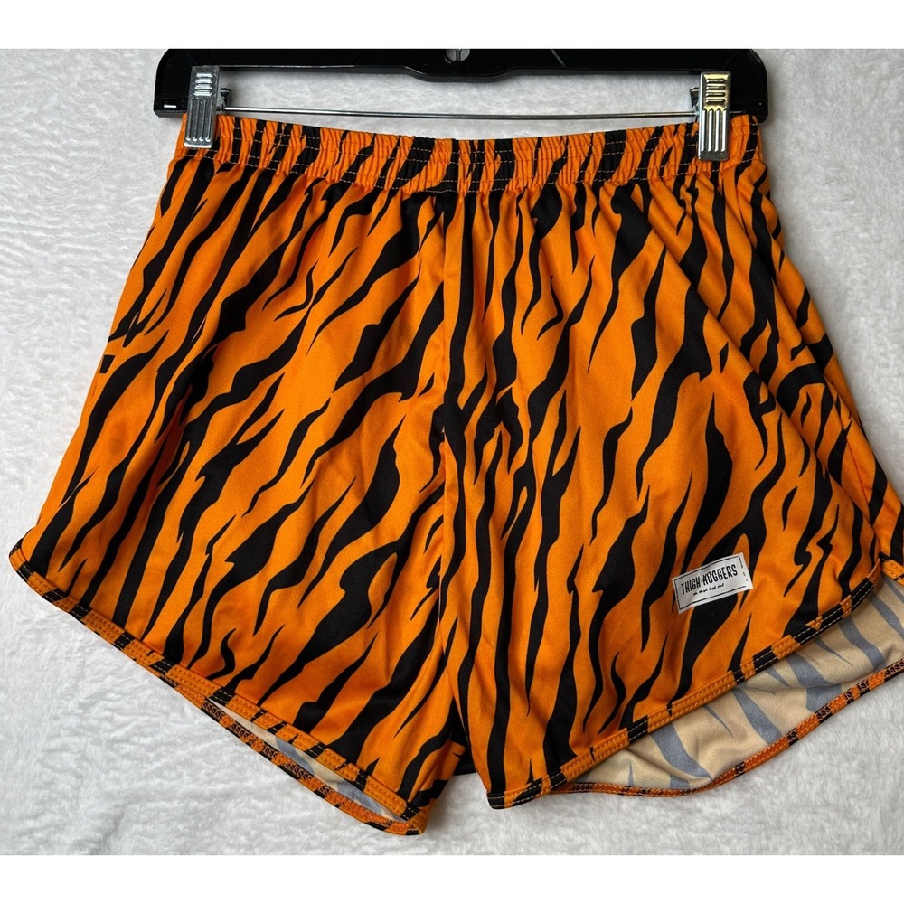 Thigh Huggers Tiger Stripe Athletic Shorts Orange Black M/L Men's Gym Running